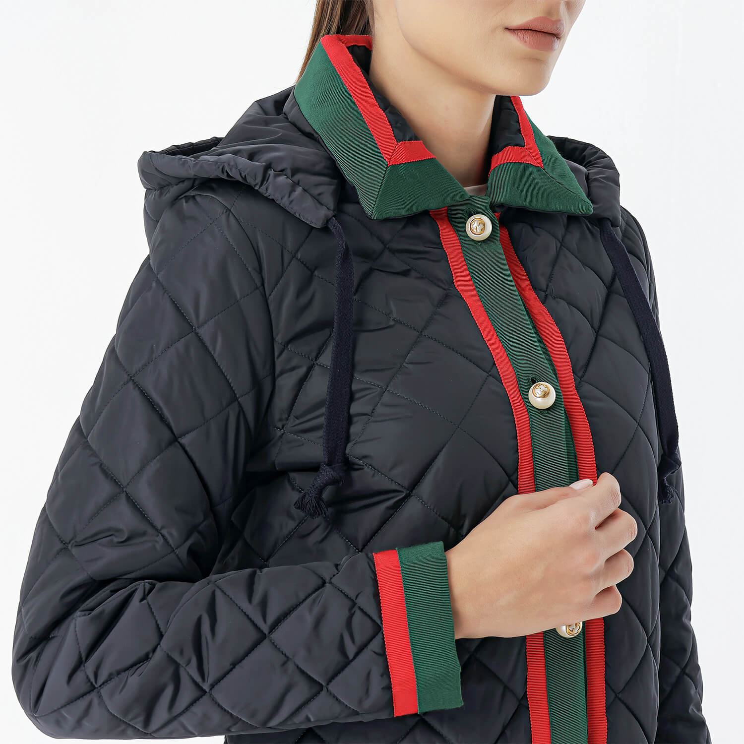 Gucci - Black Quilted Web Striped Nylon Hoodie Long Coat
